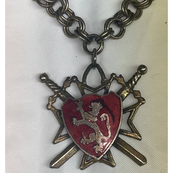 Lion Shield Pendant Necklace Vtg Red Crest Crossed Swords - Picture 3 of 12